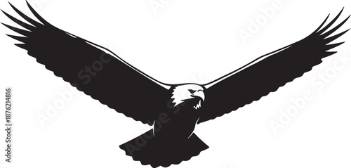 A majestic bald eagle spreads its wings in flight against a clean white background