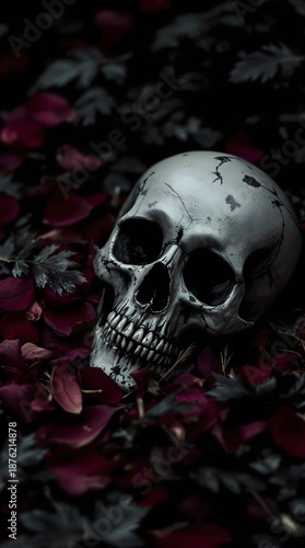Dark Skull Resting in Red Rose Petals on Black Background, Gothic Floral Death Concept with Moody Lighting