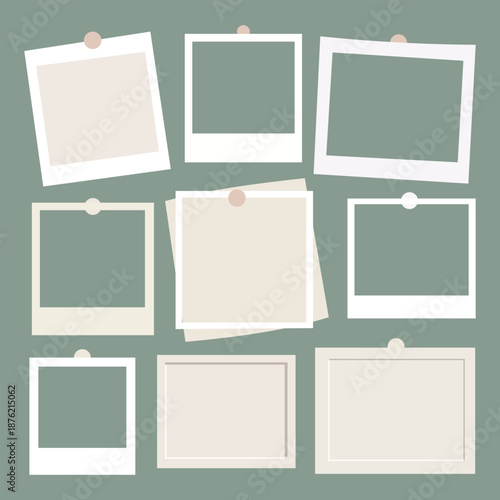 Polaroid Blank photo frames collage on green wall vector. Photography empty, paper sheet glued on board. Moodboard template mockup design