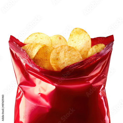 Open bag of potato chips isolated on transparent background