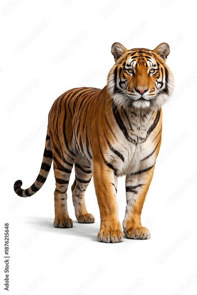 Obraz premium Full body portrait of a majestic adult tiger standing and looking at the camera isolated on white background.