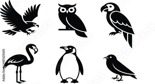 Collection of six black bird silhouette icons including eagle owl parrot flamingo penguin and sparrow
