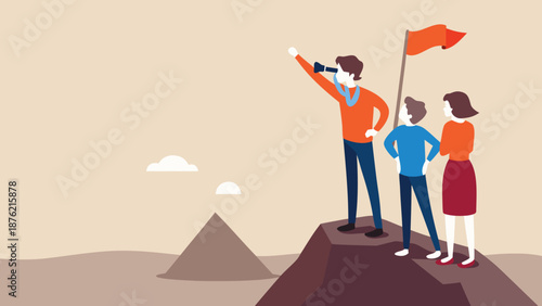 Vector illustration of business team on mountain peak with flag and binoculars, for banner or poster, Isolated on transparent background, png