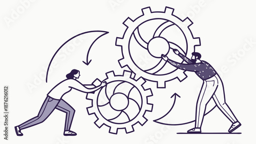 Two people working together to turn gears in a collaborative effort