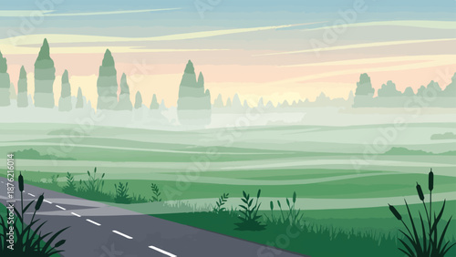 A serene landscape with a road leading to a misty forest at sunrise vector illustration