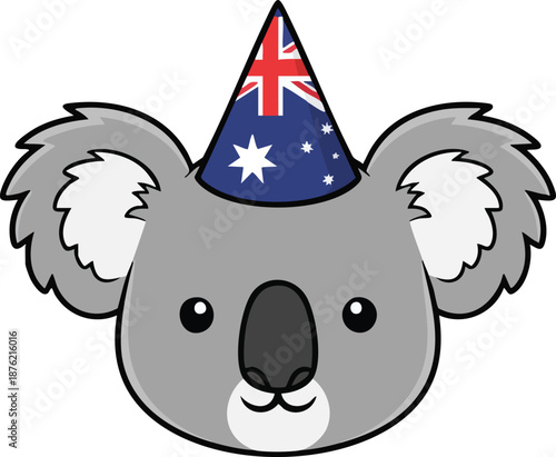 PCartoon koala face with Australian flag party hat celebrating national pride and festive eventsrint