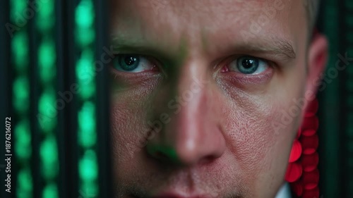 Close up on man staring at camera with green lighting