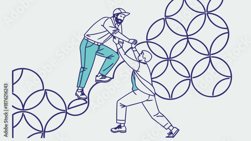 Two men helping each other climb up a geometric patterned wall with teamwork