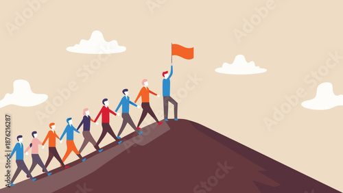 People climbing up a hill with one person holding a flag on top symbolizing teamwork and success