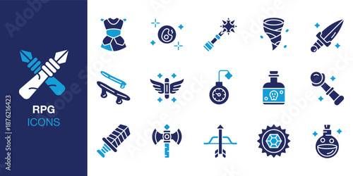 RPG Icon set. Containing mage, rogue, paladin, dungeon, dragon, monster and more. Solid vector icons collection. Vector illustration.