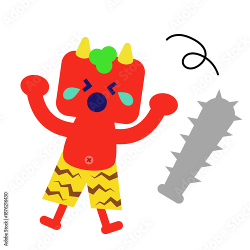 トゲ棒を振り回す赤鬼のかわいい昔話キャラクターイラスト