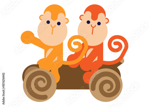 丸太に乗ったさるのかわいい昔話風キャラクターイラスト