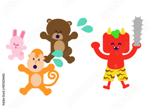 鬼と動物たちが向き合うかわいい昔話キャラクターイラスト