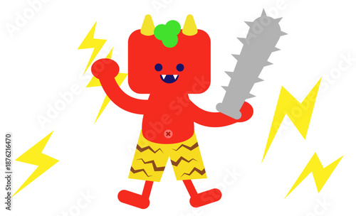 雷とトゲ棒を持つ赤鬼のかわいい昔話キャラクターイラスト