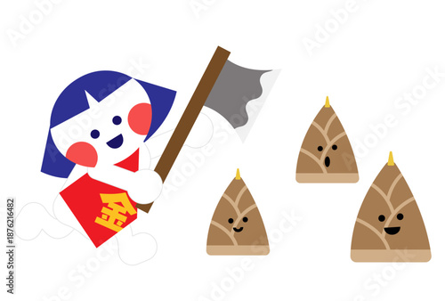 まさかりでたけのこを割る金太郎のかわいい昔話イラスト