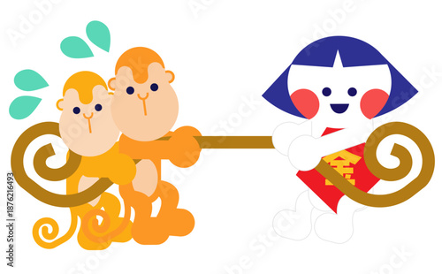 綱引きをする金太郎とさるのかわいい昔話イラスト