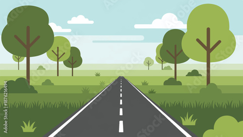 A serene road stretching through a lush green landscape with trees illustration