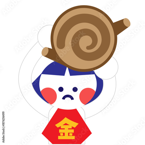 丸太を頭にのせて困っている金太郎のかわいい昔話イラスト