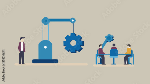 Office worker observes industrial robot arms assembling gears with coworkers at a table