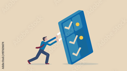 Office worker pushing giant checklist symbolizing productivity and task management