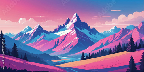 Abstract mountain landscape artwork featuring bold colors and modern flat design