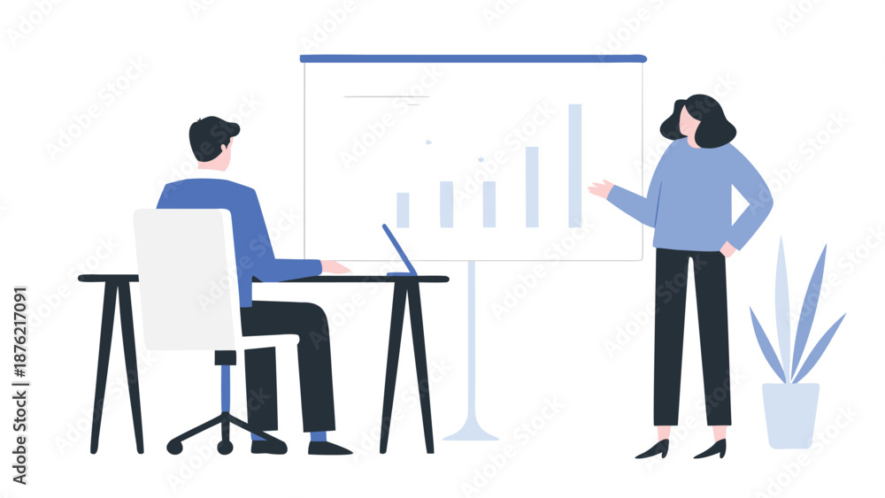 Fototapeta premium Business professionals collaborating in modern office setting with presentation and laptop