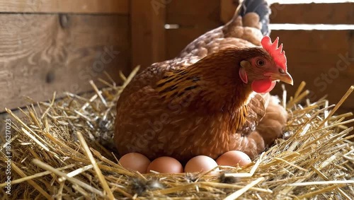 A hen sitting on her eggs in a nest of straw.