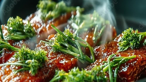 Close up shot of garnished food with steam rising against a dark backdrop