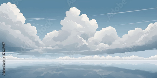 Clean sky background illustration with fluffy clouds and minimal design