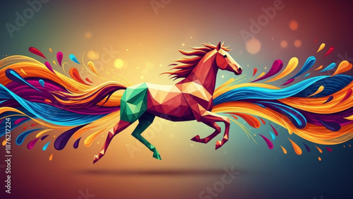 Vibrant horse with colorful flowing mane and tail running freely in dynamic motion with abstract background