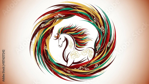 Vibrant swirling horse illustration with colorful mane and floral accents in circular motion on white background