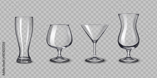 Alcohol drinks glassware set featuring realistic bar drink containers ideal for hospitality branding menus posters advertising and creative beverage design projects