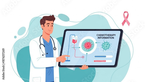 Doctor presenting chemotherapy information on screen with pink ribbon for breast cancer awareness