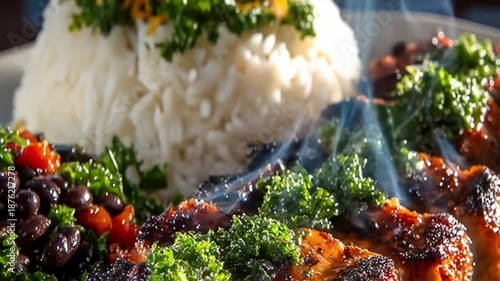 Close up view of a colorful dish with rice and vegetables