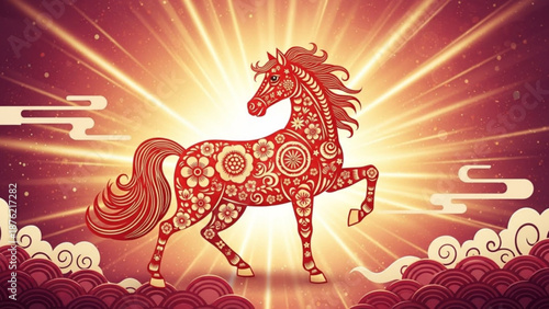 Vibrant red horse with swirling patterns prancing amidst radiant sunburst and clouds