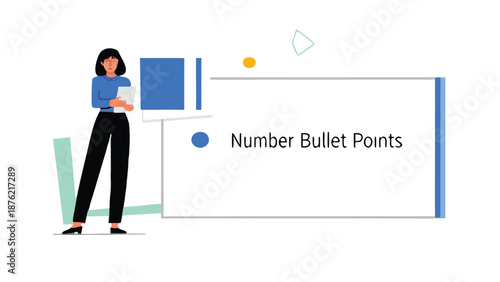 Professional woman presenting bullet points on a whiteboard in a modern office setting with blue accents