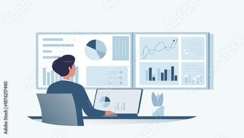 Business analyst working on laptop with multiple screens displaying graphs and charts