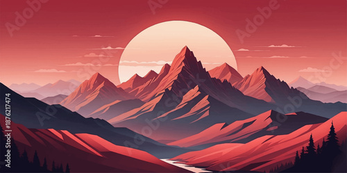 Scenic mountain landscape artwork with forests, valleys, and dramatic red color contrasts