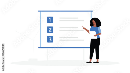 Businesswoman presenting on a projector screen in a modern office setting with a confident gesture