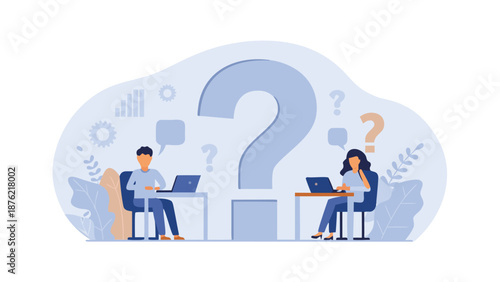 Flat illustration of a diverse team in a discussion scene with question marks and laptops in modern office setting