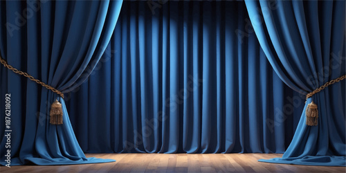 Royel Blue stage curtain backdrop with decorative folds and classic theatrical mood