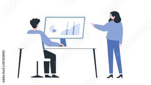 Flat illustration of two business colleagues collaborating on a computer with a graph on the screen in a modern office setting with blue and white