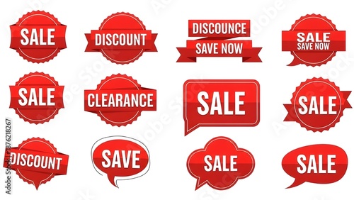 Ultra-bold red sale badges designed for big retail brands, heavy typography, strong contrast, flat vector style, clean white background, attention-grabbing promotional graphics