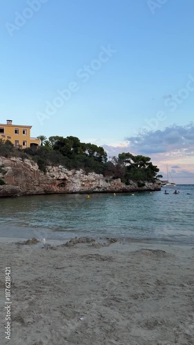 Lonely seagull walking on Cala Ferrera beach in the evening panoramic view. Cala D'or on Mallorca in Spain.