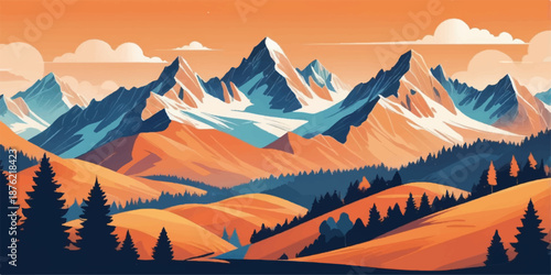 Scenic mountain valley illustration with artistic colors and minimalist landscape style