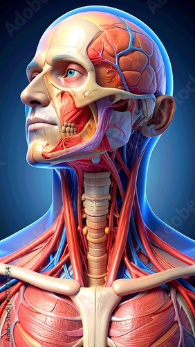 A detailed illustration of a human head and torso showing the skeletal, muscular, and nervous systems