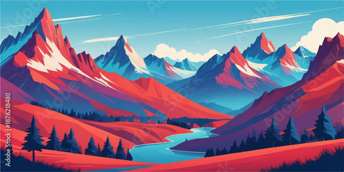 Modern illustrated mountain scenery with layered terrain and red color palette
