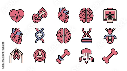 Medical Icons Set: Heart, Brain, DNA, Bones, and Organs - Health and Science Concepts