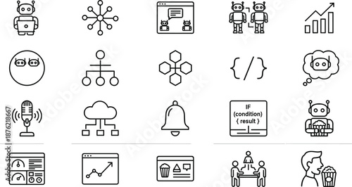 AI and automation line icon set with robots, programming symbols, data analytics, neural networks, cloud computing, and user interaction icons