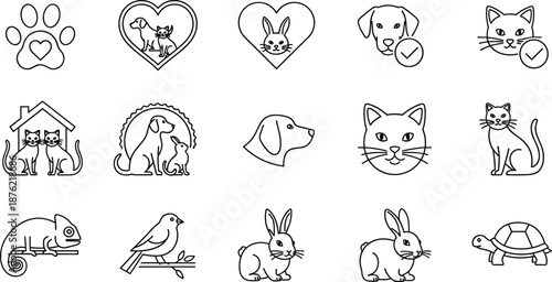 Animal and pet line icon set with dogs, cats, rabbits, birds, turtle, chameleon, hearts, and pet care symbolsAnimal 